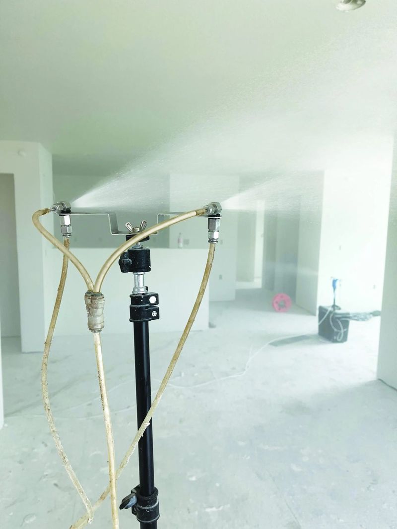 Sealant mist spraying from a stand with two nozzles in an empty, drywalled room
