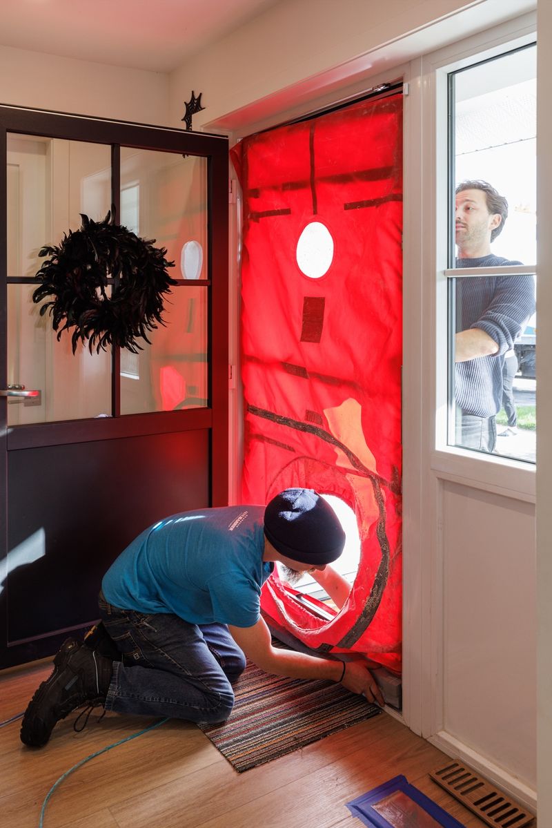 Technician kneeling at a blower door fitted into a front doorway